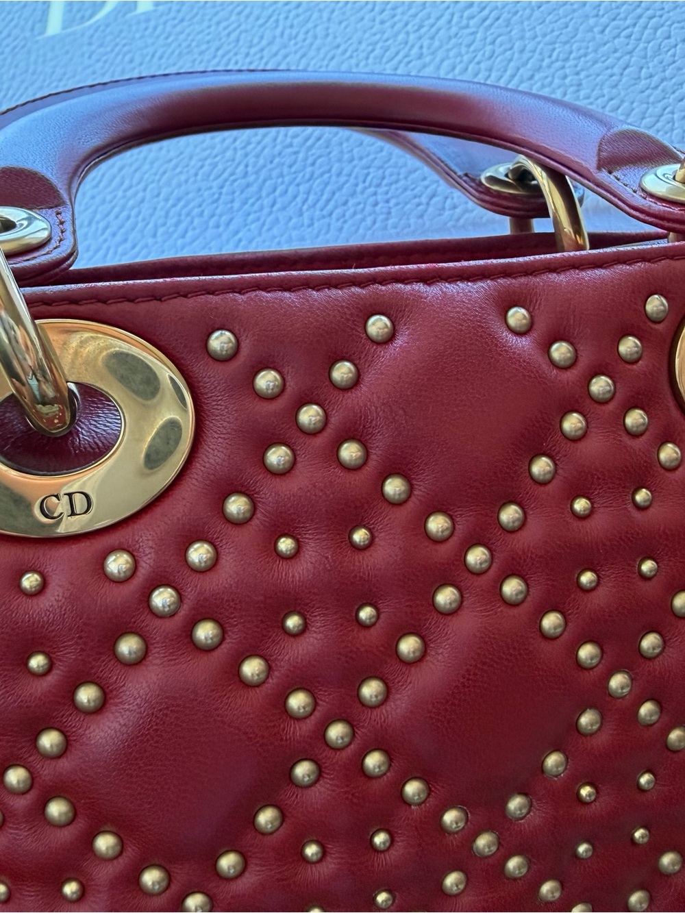 Dior Burgundy Studded Mini Lady Bag with Gold Hardware - Picture 6 of 9